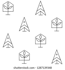 Seamless vector pattern. symmetrical background with hand drawn decorative trees. Black and white print. Graphic design, illustration for wrapping, wallpaper, fabric, packaging, textile