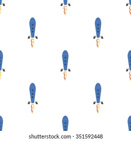 Seamless vector pattern,  symmetrical background with blue rockets on a white backdrop