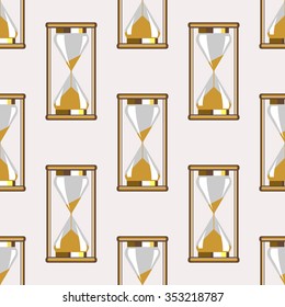 Seamless vector pattern. Symmetrical background with closeup gold sandglass on the grey backdrop