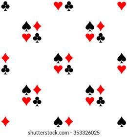 Seamless vector pattern. Symmetrical background with red and black icons of game cards, on the white backdrop
