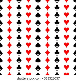 Seamless vector pattern. Symmetrical background with red and black icons of game cards, on the white backdrop