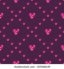 Seamless vector pattern, symmetrical background with bright pink gemstones in the shape of hearts.