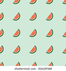 Seamless vector pattern, symmetrical background with watermelons, on the blue backdrop.