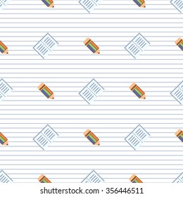 Seamless vector pattern, symmetrical background with colorful  pencils and notepads, on the white linear exercise book paper