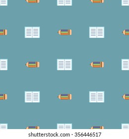 Seamless vector pattern, symmetrical background with colorful  pencils and notepads, on the blue backdrop