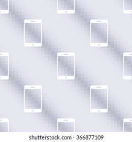 Seamless vector pattern, symmetrical background with elements of technology, mobiles over light blue backdrop. Series of Technology Seamless Patterns.