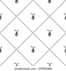 Seamless vector pattern, symmetrical background with cute ladybugs on the white backdrop. Hand sketch drawing. Imitation of ink penciling. Series of Insects and Hand Drawn Patterns.