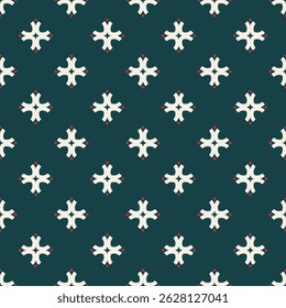 Padrão de vetor sem emenda com ornamento requintado simétrico. Fundo geométrico com cruzes decorativas e pequenos diamantes. Design delicado para tecidos, tecidos, papéis de parede e outras superfícies.