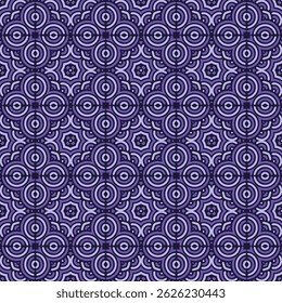 Seamless vector pattern with symmetrical geometric contour ornament. Dark design in purple palette for textile, fabric, wallpaper, covers, paper and other surfaces.