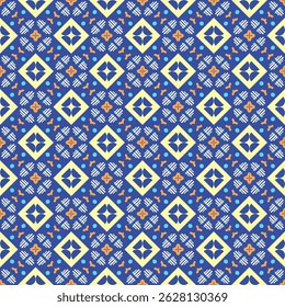 Seamless vector pattern with symmetrical geometric ornament. Background with rhombuses, dots and other abstract shapes in bright palette. Delicate design for textiles, fabrics, wallpapers and other su