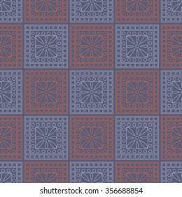 Seamless vector pattern. Symmetrical geometric background with blue and red squares and circles on the dark backdrop. Decorative ornament.