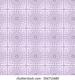 Seamless vector pattern. Symmetrical geometric background with violet squares and circles on the white backdrop. Decorative ornament.