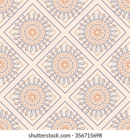 Seamless vector pattern. Symmetrical geometric background with colorful rhombs and circles on the pink backdrop. Decorative ornament.
