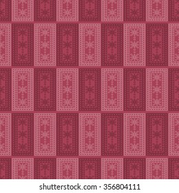 Seamless vector pattern. Symmetrical geometric background with red squares on the dark backdrop. Decorative ornament.