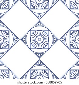 Seamless vector pattern. Symmetrical geometric background with blue rhombus and circles on the white backdrop. Decorative repeating ornament.