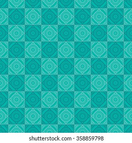 Seamless vector pattern. Symmetrical geometric background with squares on the blue backdrop. Decorative repeating ornament.