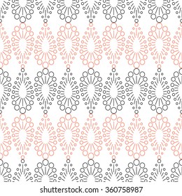 Seamless vector pattern. Symmetrical geometric background with red and black drops on the white backdrop. Decorative repeating ornament.