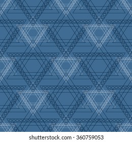Seamless vector pattern. Symmetrical geometric background with blue triangles in the shape of stars . Decorative repeating ornament.