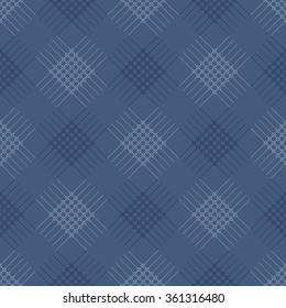 Seamless vector pattern. Symmetrical geometric  background with blue rhombus and lines. Decorative repeating ornament