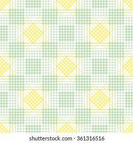 Seamless vector pattern. Symmetrical geometric background with green and yellow rhombus, squares and lines. Decorative repeating ornament