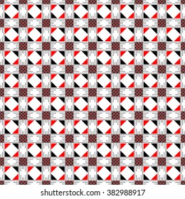 Seamless vector pattern. Symmetrical geometric abstract background with squares, rectangles and lines in black, white, red colors. Decorative repeating ornament. Series of Geometric,Ornamental Pattern