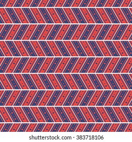 Seamless vector pattern. Symmetrical geometric abstract background with lines and dots in the shape of zigzag in blue and red. Decorative repeating ornament. Series of Geometric,Ornamental Pattern