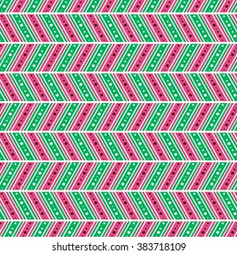 Seamless vector pattern. Symmetrical geometric abstract background with lines and dots in the shape of zigzag in pink and green. Decorative repeating ornament. Series of Geometric,Ornamental Pattern