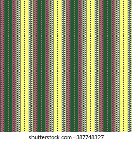 Seamless vector pattern. Symmetrical geometric green, pink and yellow background with lines and dots. Decorative repeating ornament. Series og Geometric Ornamental Patterns.