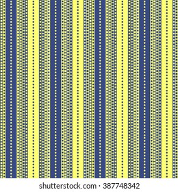 Seamless vector pattern. Symmetrical geometric blue and yellow background with lines and dots. Decorative repeating ornament. Series og Geometric Ornamental Patterns.