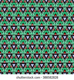 Seamless vector pattern. Symmetrical geometric background with triangles in green, black and red colors. Decorative repeating ornament. Series of Geometric Ornamental Patterns.