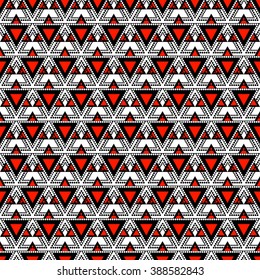 Seamless vector pattern. Symmetrical geometric background with triangles in red,  black and white colors. Decorative repeating ornament. Series of Geometric Ornamental Patterns.