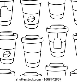 Seamless vector pattern with takeaway coffee, tea, cappuccino, espresso, latte. Outline pattern with drinks for a cafe, coffee shop, coffeehouse, street coffee to go.
