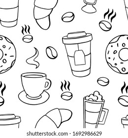 Seamless vector pattern with takeaway coffee, tea, cappuccino, espresso, latte, donut, croissant, coffee beans. Outline pattern with drinks for a cafe, coffee shop, coffeehouse, bakery, pastry shop.