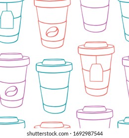 Seamless vector pattern with takeaway coffee, tea, cappuccino, espresso, latte. Outline pattern with drinks for a cafe, coffee shop, coffeehouse, street coffee to go.
