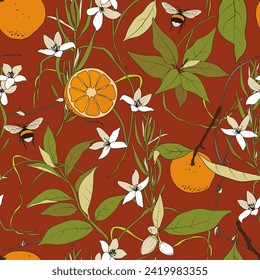 Seamless vector pattern with tangerine citrus fruit, bumblebee, leaves on a bugrundy background