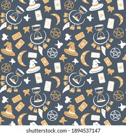 Seamless vector pattern with tarot card, teeth, necklace, moon, hourglass and pentagram. magic background