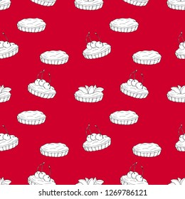 Seamless vector pattern of tartlets on red background. Perfect for menu, card, textile of food package design