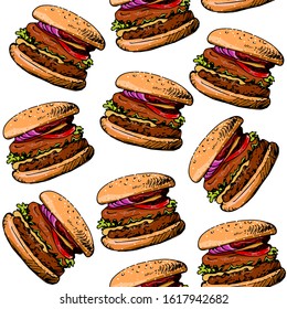 Seamless Vector Pattern with Tasty Burger on a White Background
