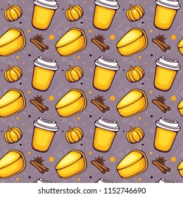 Seamless vector pattern with tasty pumpkin cheesecake and spicy coffee. Traditional autumn dessert set. Illustration for decoration menu, fabric, wrapping and textile design.