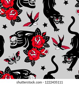 Seamless vector pattern with tattoo roses, black panthers, birds and butterflies on grey background. Perfect for fabric, wallpaper or wrapping paper.