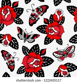 Seamless vector pattern with tattoo roses and butterflies on white background. Perfect for fabric, wallpaper or wrapping paper.