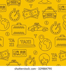 Seamless vector pattern of taxi icons on a yellow background, hand-drawn.