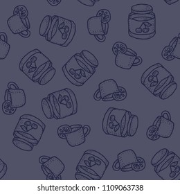Seamless vector pattern with tea and cherry jam in violet tones for craft, wrapping, textile, ceramic