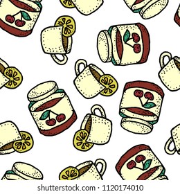 Seamless vector pattern with tea and cherry jam for craft, wrapping, textile, ceramic