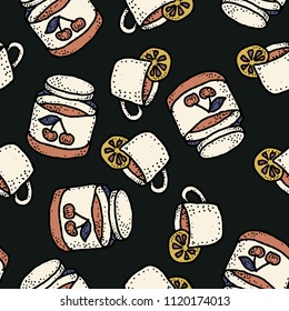 Seamless vector pattern with tea and cherry jam on black for craft, wrapping, textile, ceramic