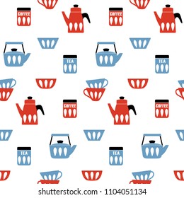 Seamless vector pattern with Tea and Coffee dishes. Mid century modern style. Good for print.