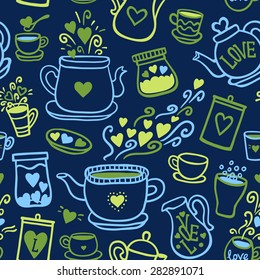 Seamless vector pattern with of tea collection with a tea pot, tea cup, jars, jugs, heart, glass, love lettering. In vintage style.  Hand-drown vintage background.  