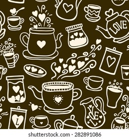 Seamless vector pattern with of tea collection with a tea pot, tea cup, jars, jugs, heart, glass, love lettering. In vintage style.  Hand-drown vintage background. 