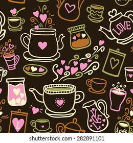 Seamless vector pattern with of tea collection with a tea pot, tea cup, jars, jugs, heart, glass, love lettering. In vintage style.  Hand-drown vintage background. Black and white.