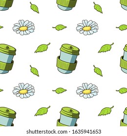 Seamless vector pattern of tea cup to take out, flower camomile, herbal tea. Trendy repetitive pattern, mint leaves and chamomilla. Endless print on white backdrop in hand drawn style, healthy drink
